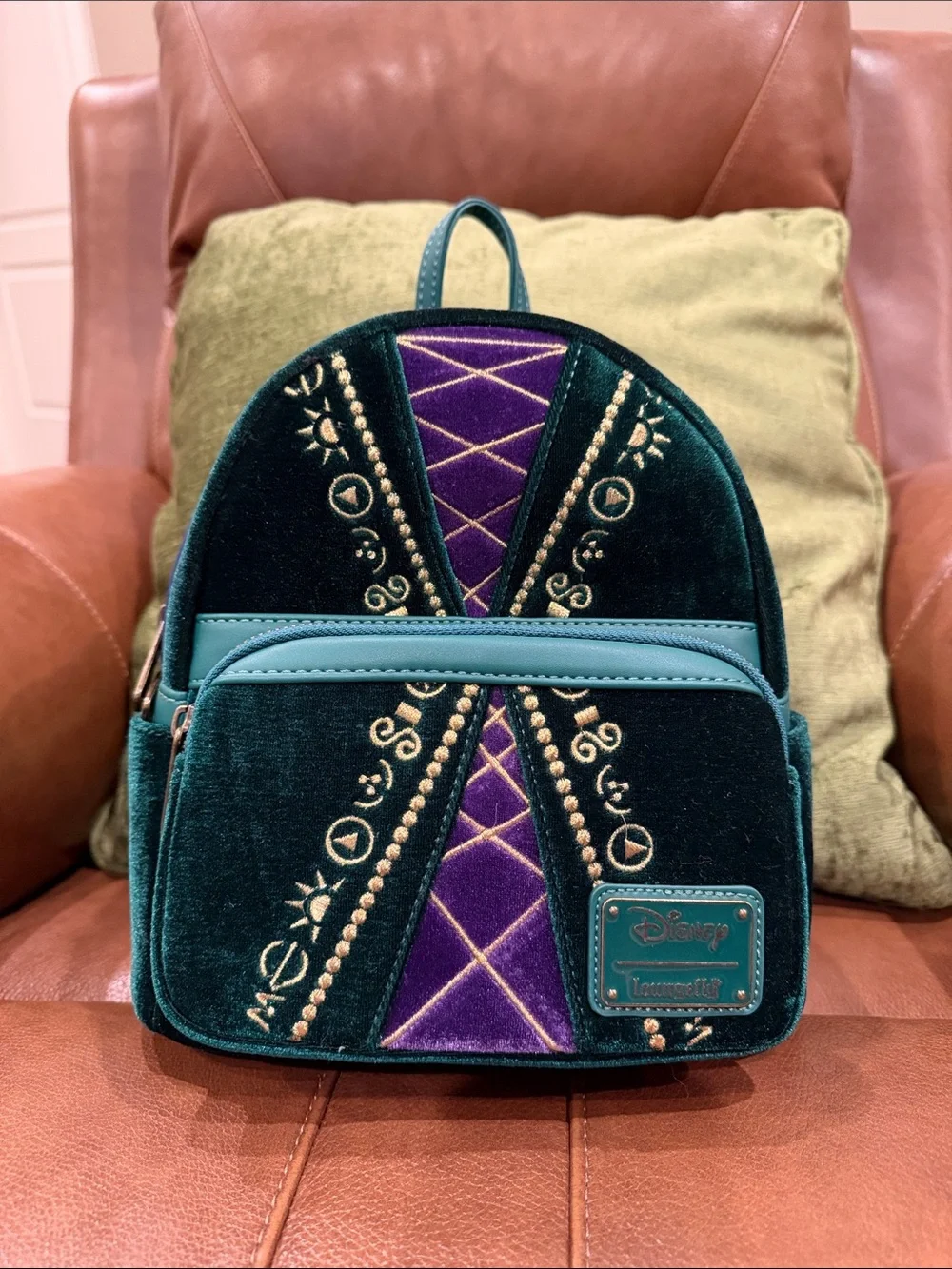 Hocus Pocus Velvet Green and Purple Mini Loungefly Backpack with Gold Embroidery
